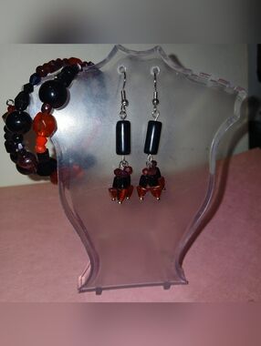 Hand Crafted Black and Red Beaded Dangle Earrings & Bracelet